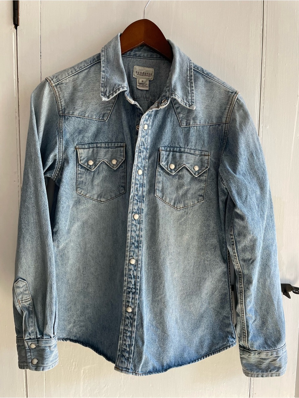 Vintage Sundance Light Blue Denim Western Pearl Snap 100% Cotton Shirt Sz 8